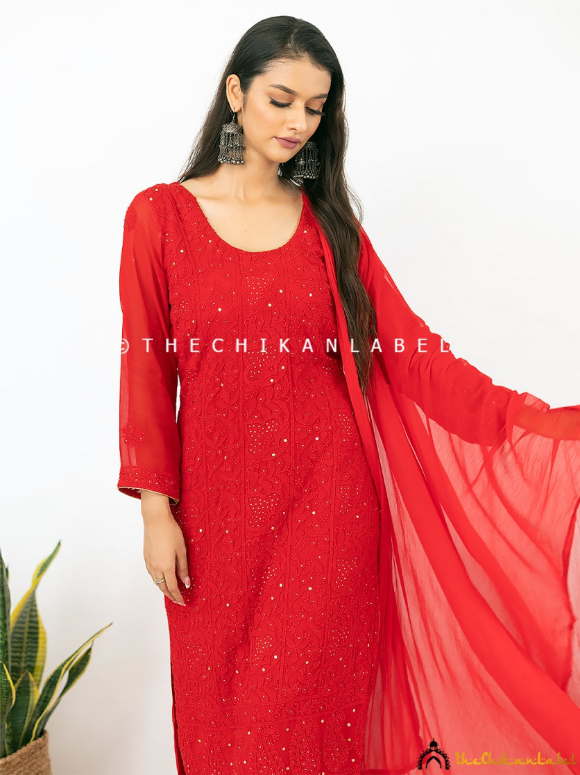 Perfect hot red cotton chikankari kurti! Chikankari is a type on Indian  handwork embroidery done on … | Cotton kurti designs, Red kurti design,  Indian kurti designs